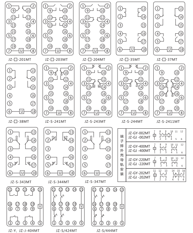 JZ-Y(J)-404MT跳位、合位、電源監視中間繼電器內部接線圖