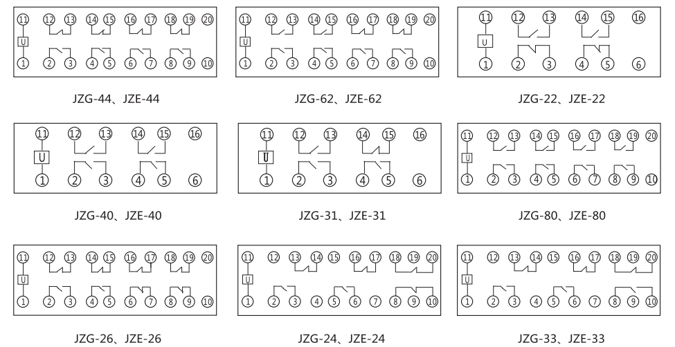 JZG-24卡軌式靜態(tài)中間繼電器內部端子外引接線圖